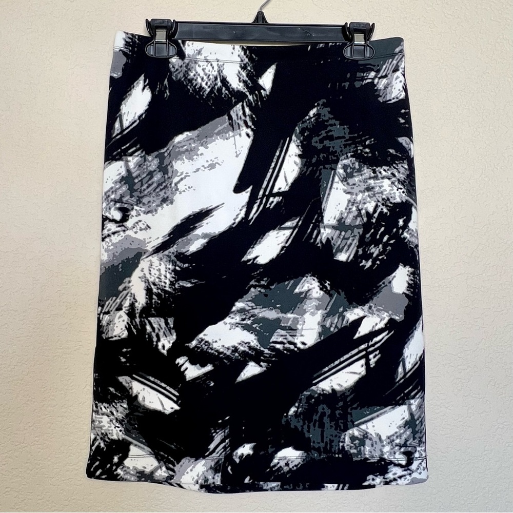 Black White Abstract Brushstroke Print Straight Skirt Stretch Pull On Small